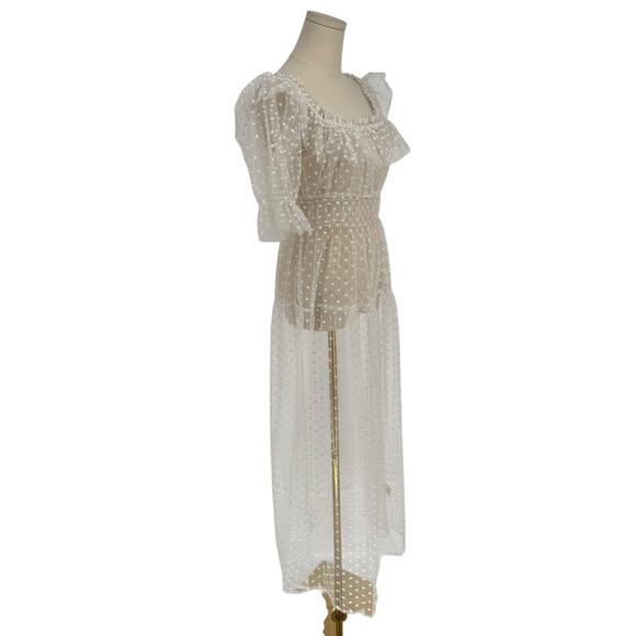 DOEN Bohemian Sheer White Swiss Dot Tulle Maxi Dress, Size M Unlined Summer - Picture 3 of 7